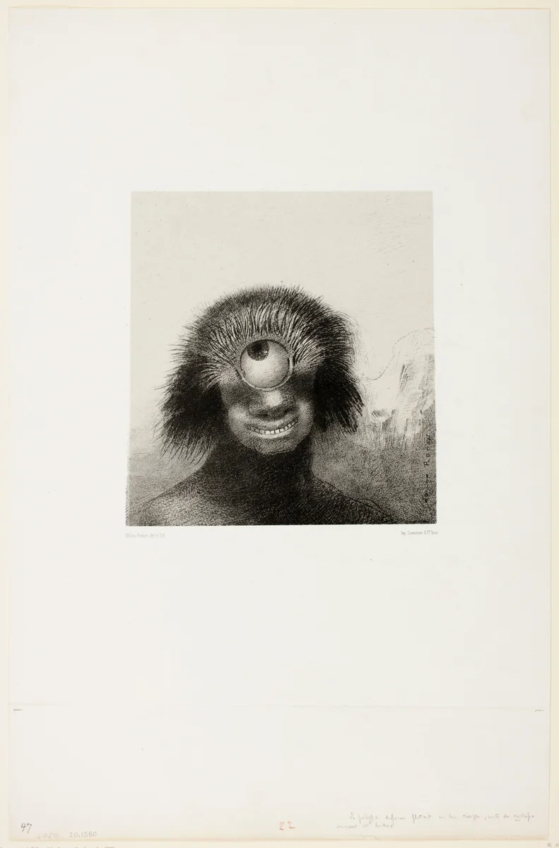 The Misshapen Polyp Floated on the Shores, a Sort of Smiling and Hideous Cyclops, plate 3 of 8 from "Les Origines" by Odilon Redon, print, 1883