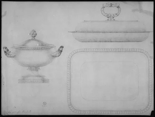 Design for a tea-pot, verso: design for a covered dish and bowl by Thomas Fletcher, drawing, 1800-1866