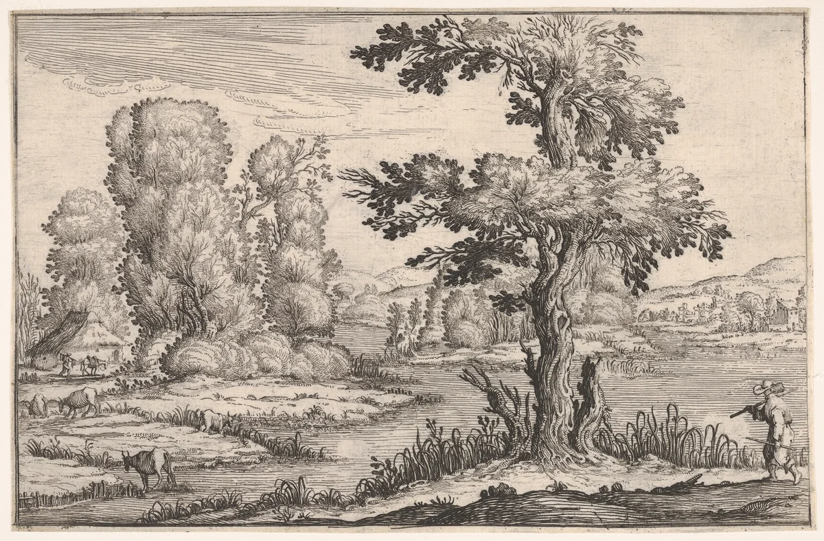 Landscape with goats grazing near a river and a figure in the right foreground, from a series of landscapes dedicated to the Grand Duke of Tuscany by Ercole Bazicaluva, print, 1638