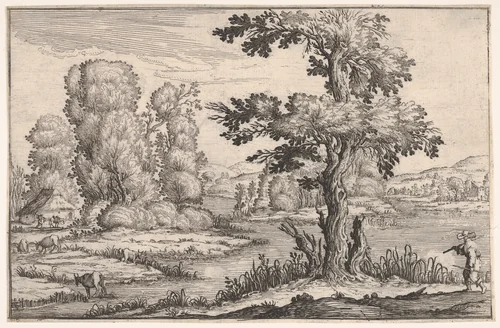 Landscape with goats grazing near a river and a figure in the right foreground, from a series of landscapes dedicated to the Grand Duke of Tuscany by Ercole Bazicaluva, print, 1638