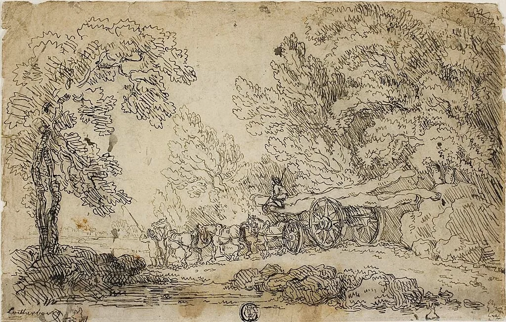 Hauling Logs in a Forest (recto); Sketches of People in Various Activities (verso) by Philip Jacques de Loutherbourg, drawing, 1760-1812