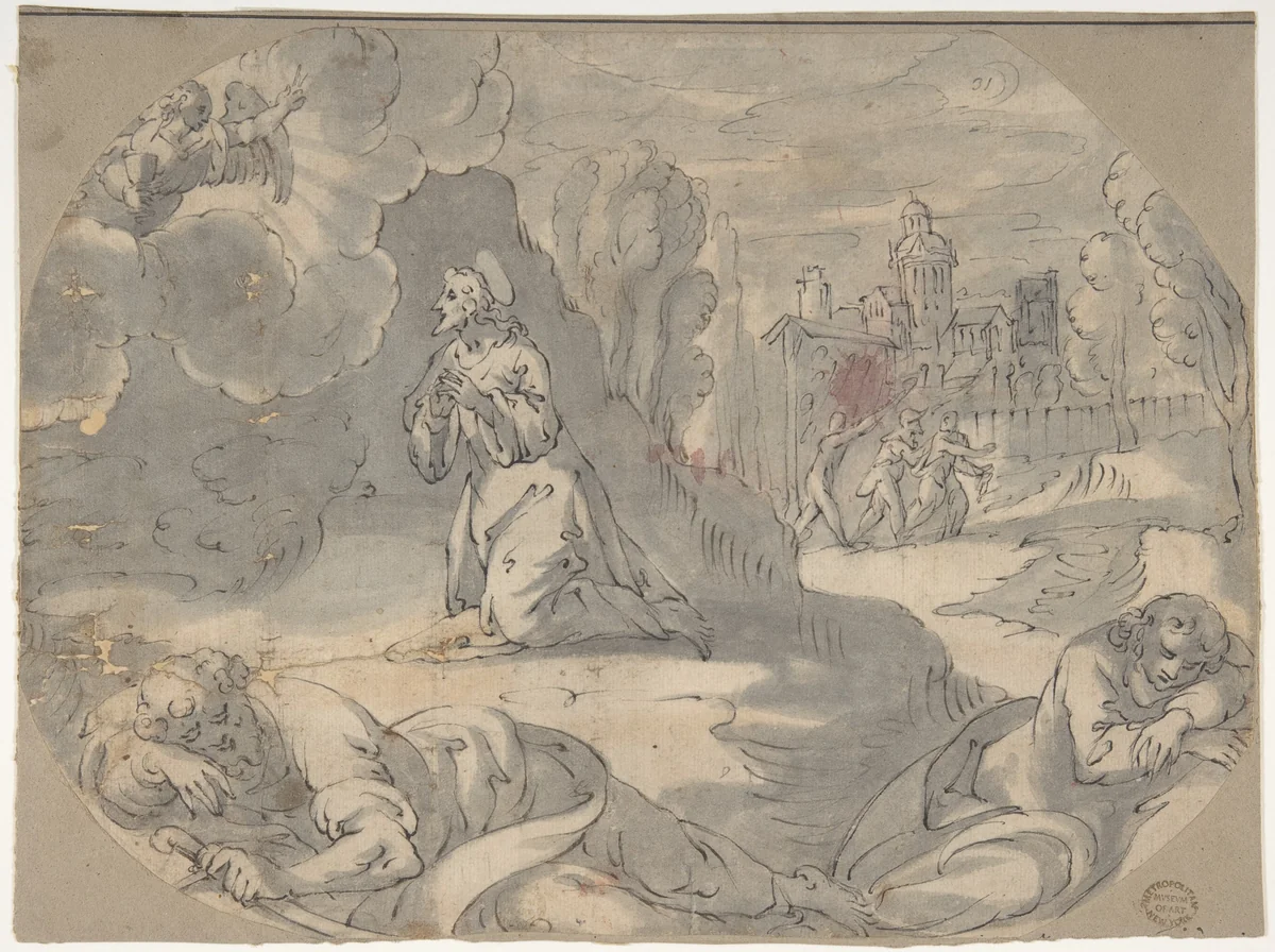 Christ in the Garden of Gethsemane (Matthew 26:36-46) by anonymous, drawing, 1595-1605