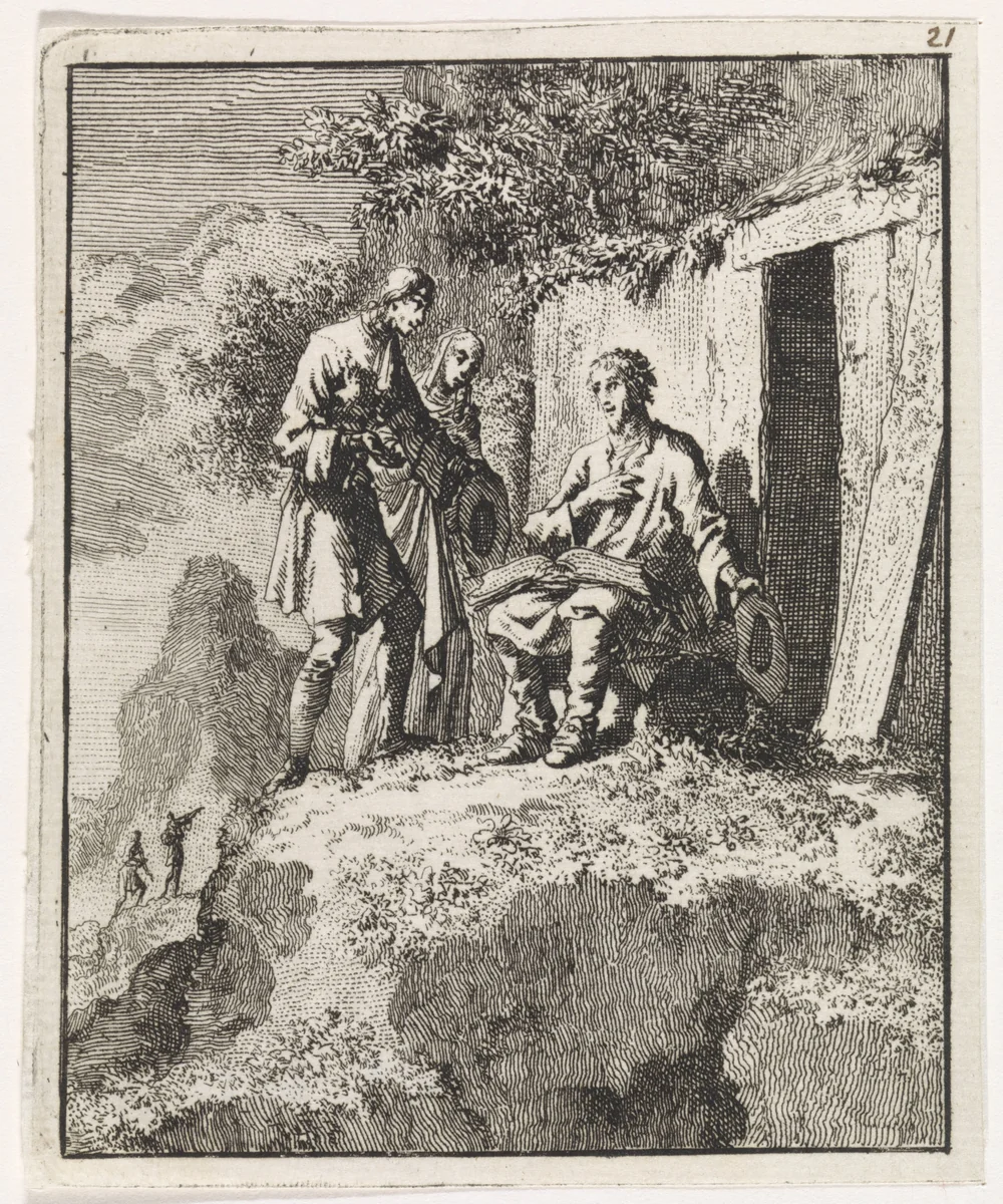 Kluizenaar door twee figuren bezocht by Jan Luyken, print, 1704