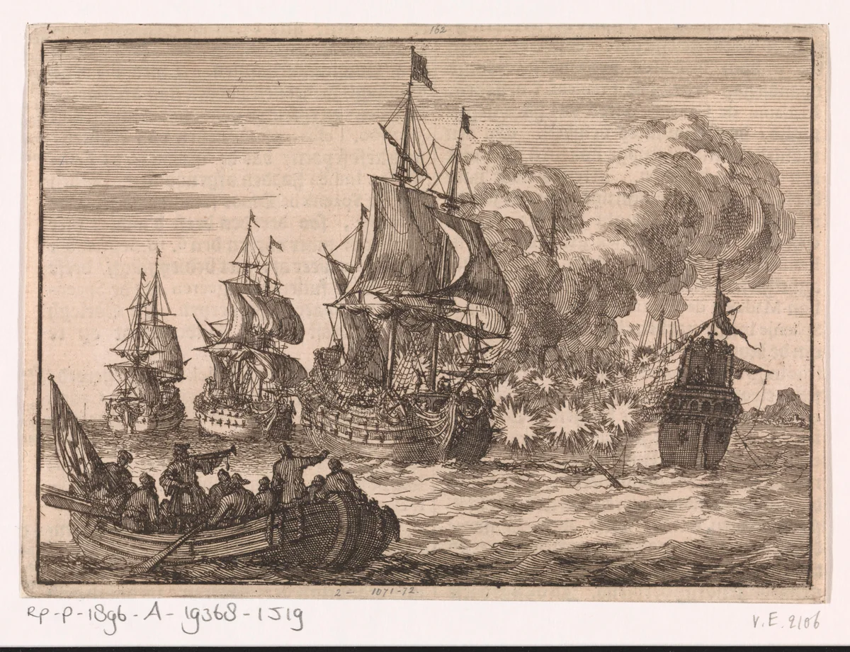 Bij Valencia wordt de Spaanse admiraal Papachino door drie Franse schepen onder admiraal Tourville aangevallen omdat hij niet snel genoeg salueerde, 1688 by Jan Luyken, print, 1698