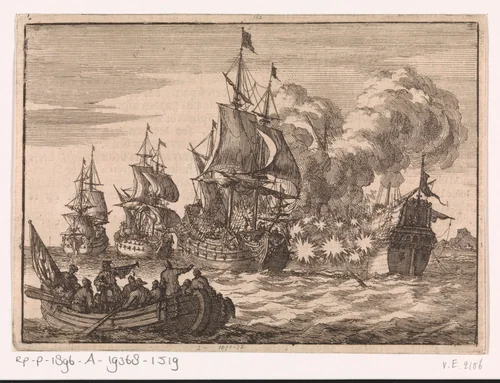 Bij Valencia wordt de Spaanse admiraal Papachino door drie Franse schepen onder admiraal Tourville aangevallen omdat hij niet snel genoeg salueerde, 1688 by Jan Luyken, print, 1698