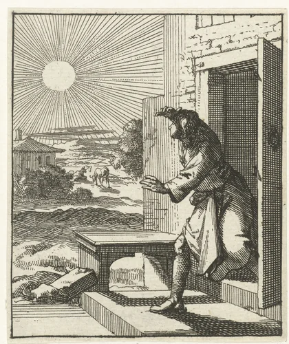 Man beschermt zijn ogen tegen de zon wanneer hij naar buiten loopt by Jan Luyken, print, 1689