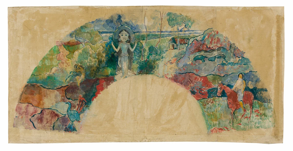 Design for a Fan Featuring a Landscape and a Statue of the Goddess Hina by Paul Gauguin, painting, 1900-1903