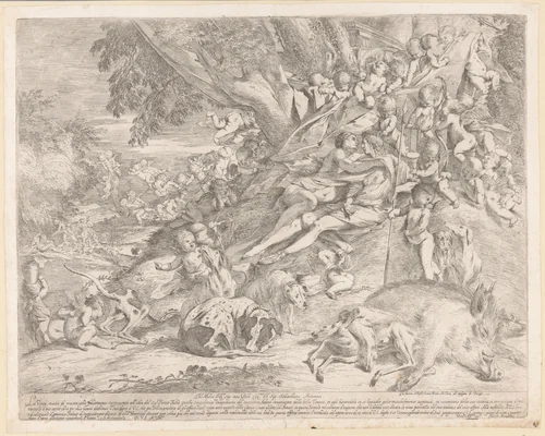 Venus en Adonis na de jacht by Pietro Testa, print, 1632