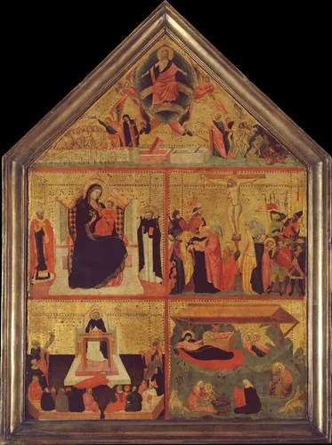 The Last Judgment; The Virgin and Child with a Bishop-Saint and Saint Peter Martyr; The Crucifixion; The Glorification of Saint Thomas Aquinas; The Nativity by Master of the Dominican Effigies, painting, 1320-1330