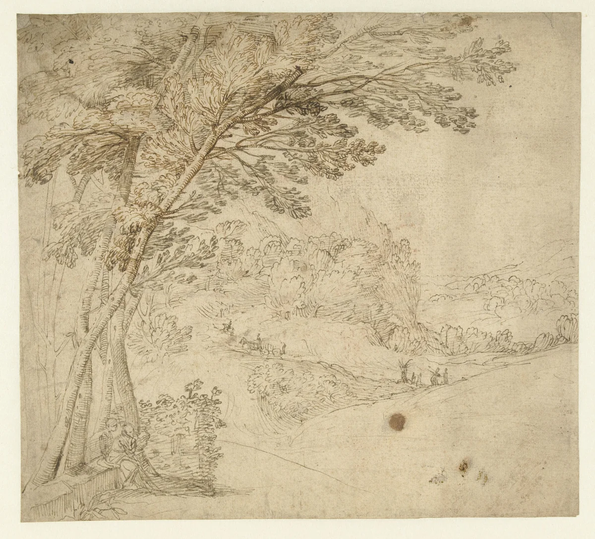Landschap met op de voorgrond twee zittende figuren by Unknown, drawing, 1580-1600
