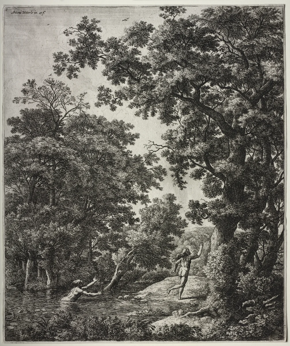 Six large upright landscapes with scenes from Ovid's Metamorphoses: Alpheus and Arethusa by Anthonie Waterloo, print, 1640-1690