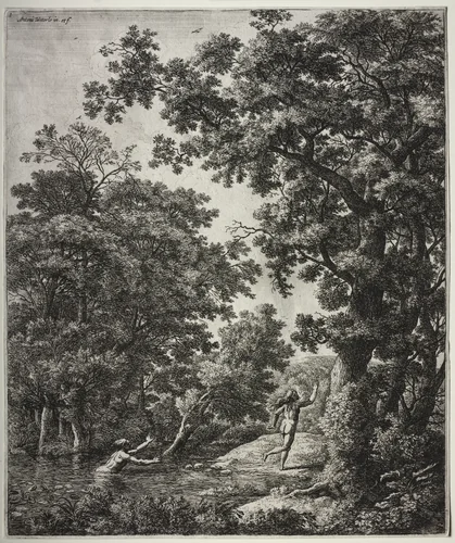 Six large upright landscapes with scenes from Ovid's Metamorphoses: Alpheus and Arethusa by Anthonie Waterloo, print, 1640-1690