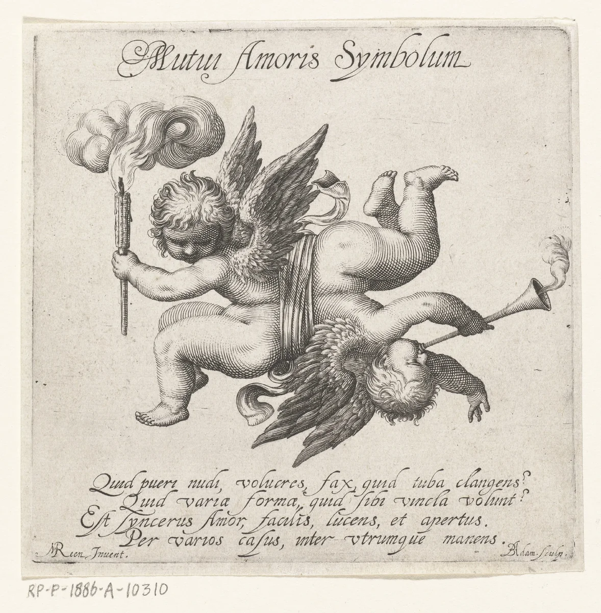 Twee liefdesgodjes (Amor) door een lint met elkaar verbonden by Unknown, print, 1590-1633