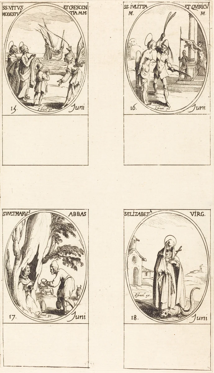 Sts. Vitus, Modestus, & Crescentia; Sts. Julitta & Quiricus; St. Avitus, Abbot; St. Elizabeth, Virgin by Jacques Callot, print, 1627-1637