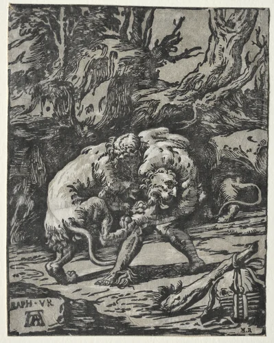 Hercules Strangling the Lion of Nimes by Joseph Nicolas Vicentini, print, 1600-1699