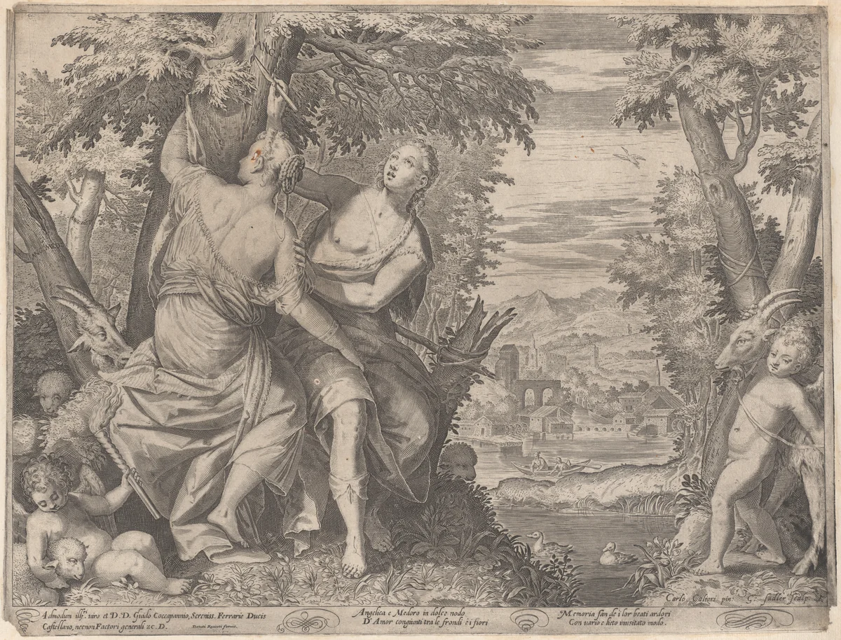 Angelica and Medoro; they stand next to a stream as Medoro carves their names into a tree, a putto is seated at left with a torch and another putto walks towards them with a goat by Aegidius Sadeler II, print, 1590-1598