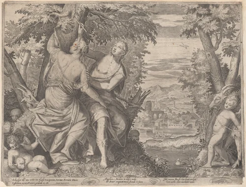 Angelica and Medoro; they stand next to a stream as Medoro carves their names into a tree, a putto is seated at left with a torch and another putto walks towards them with a goat by Aegidius Sadeler II, print, 1590-1598