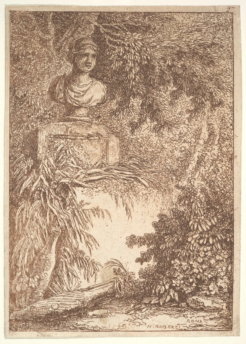 Plate 2: The Bust: a bust of a female wearing a diadem at top left, two amphoras at bottom left, surrounded by trees and greenery, from "Les soirées de Rome" by Hubert Robert, print, 1764