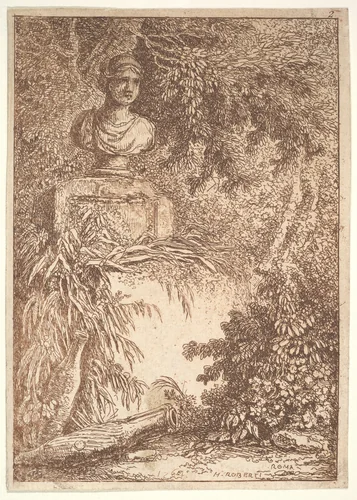Plate 2: The Bust: a bust of a female wearing a diadem at top left, two amphoras at bottom left, surrounded by trees and greenery, from "Les soirées de Rome" by Hubert Robert, print, 1764