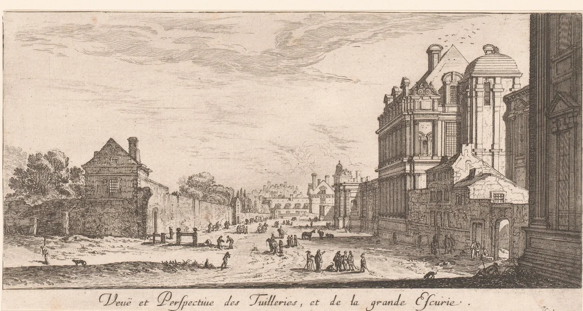 Gezicht op de Tuilerieën en de grote stallen by Israël Silvestre, print, 1650-1655