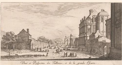 Gezicht op de Tuilerieën en de grote stallen by Israël Silvestre, print, 1650-1655
