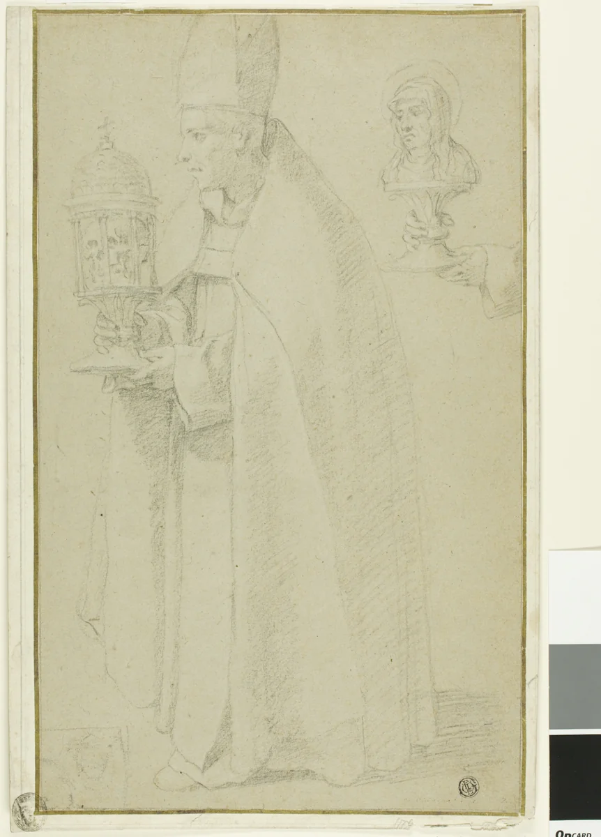 A Bishop Carrying a Reliquary with a Skull and Study of Two Hands Holding a Reliquary of a Female Saint by Eustache Le Sueur, drawing, 1600-1699