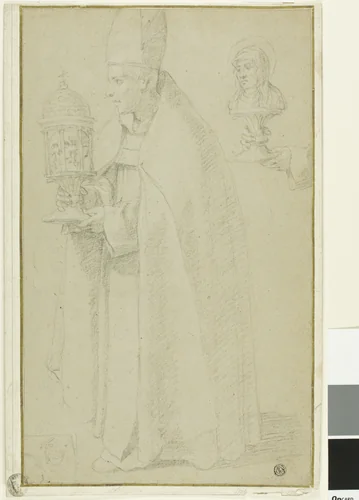 A Bishop Carrying a Reliquary with a Skull and Study of Two Hands Holding a Reliquary of a Female Saint by Eustache Le Sueur, drawing, 1600-1699