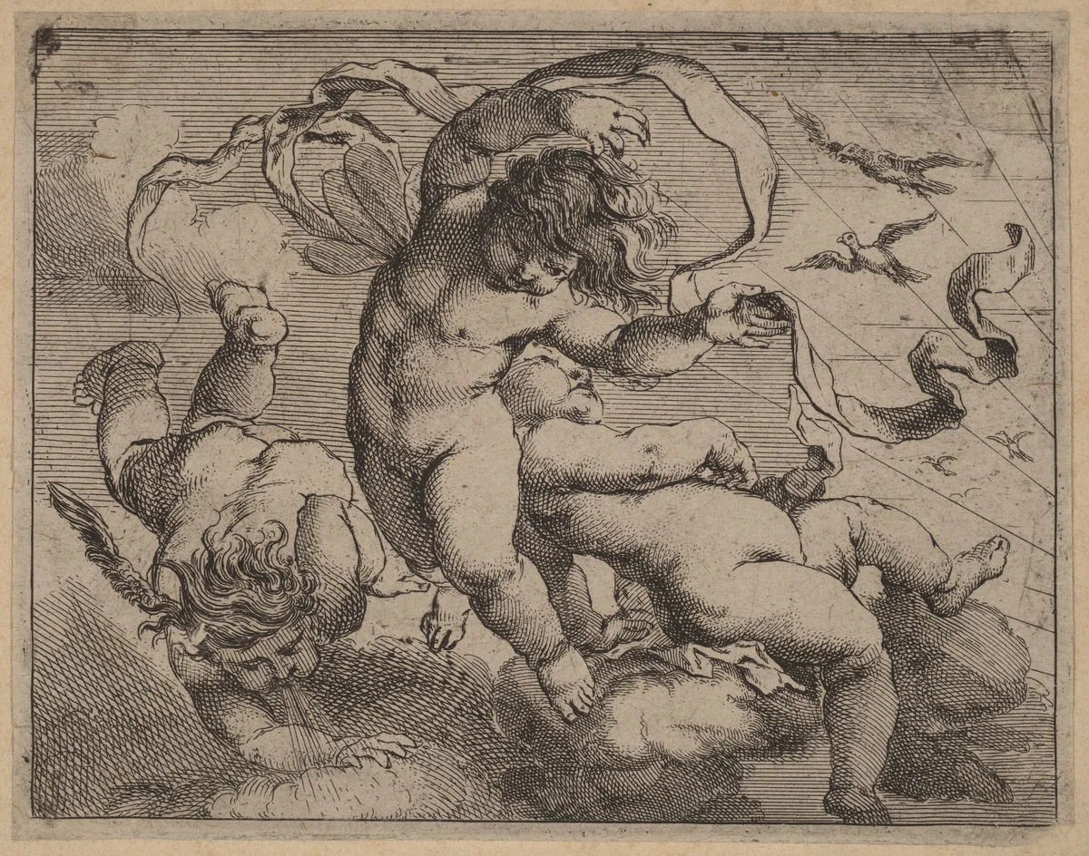 Three Flying Putti by Cornelis Schut, print, 1597-1655