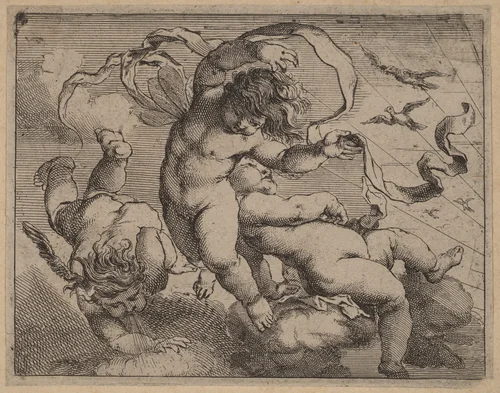 Three Flying Putti by Cornelis Schut, print, 1597-1655