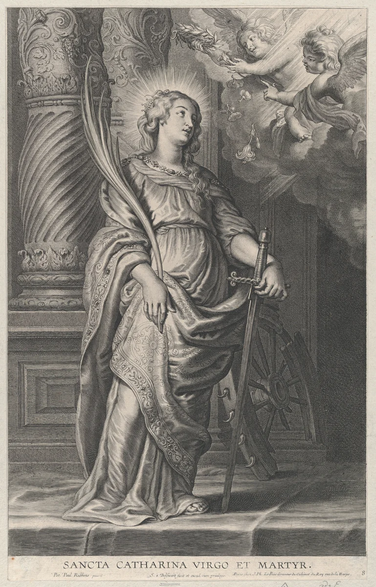 Saint Catherine holding palm leaves and a sword, two putti overhead holding a laurel by Schelte Adams Bolswert, print, 1620-1659