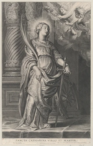 Saint Catherine holding palm leaves and a sword, two putti overhead holding a laurel by Schelte Adams Bolswert, print, 1620-1659