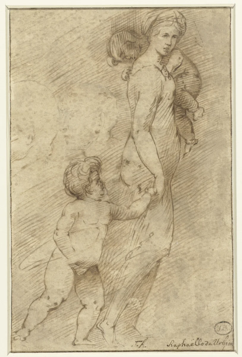 Twee hoofden van mannen naast een vrouw met kinderen by anonymous, drawing, 1500-1620