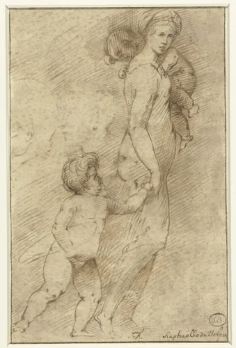 Twee hoofden van mannen naast een vrouw met kinderen by anonymous, drawing, 1500-1620