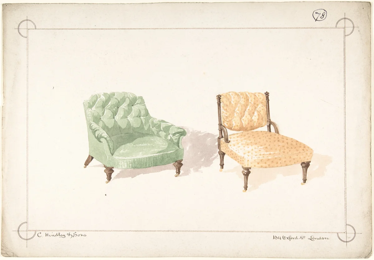 Designs for Two Chairs by Charles Hindley and Sons, drawing, 1841-1884