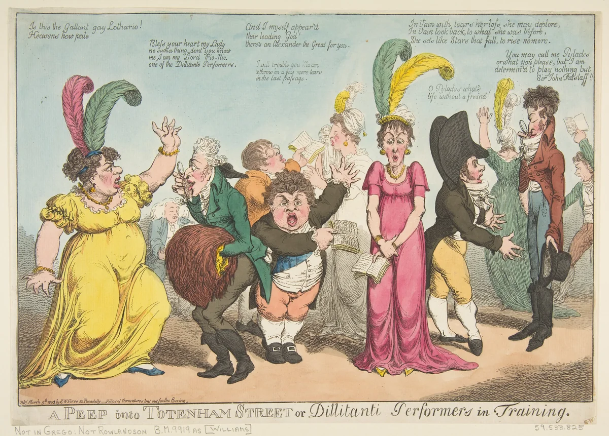 A Peep into Tottenham Street or Dillitanti Performers in Training by Charles Williams, print, 1802