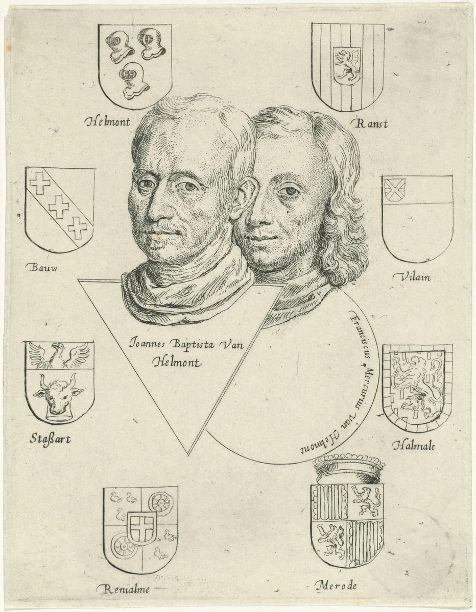 Portretten van Joannes Baptista van Helmont en Franciscus Mercurius van Helmont met acht wapens by Cornelis de Man, print, 1648
