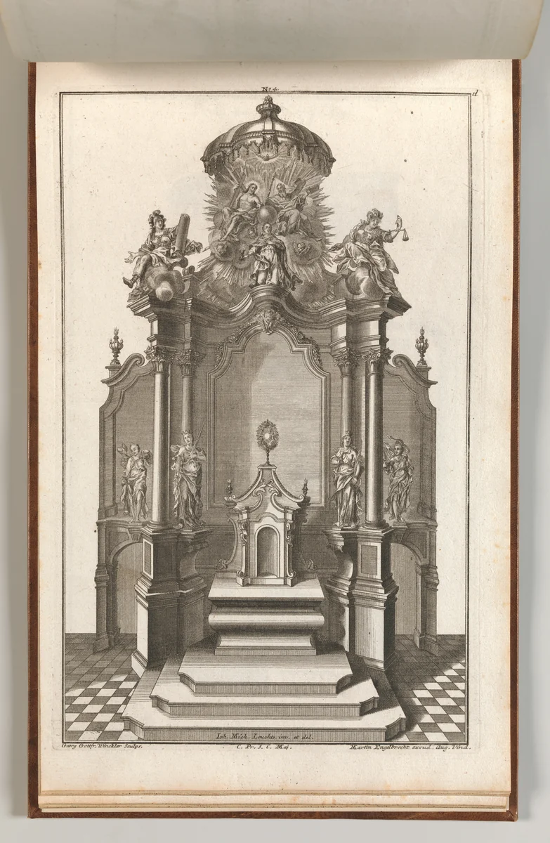 Design for a Monumental Altar, Plate d from 'Unterschiedliche Neu Inventierte Altäre mit darzu gehörigen Profillen u. Grundrißen.' by Georg Gottfried Winckler, book, 1745-1755