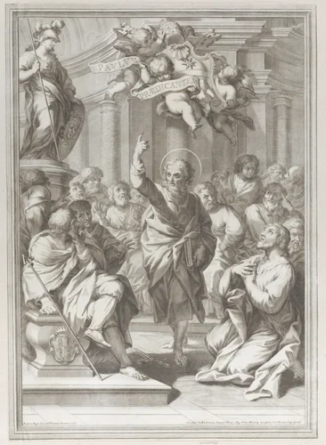 Saint Paul preaching at center, standing in a crowd in a columned interior, pointing upwards toward putti who hold a scroll by Arnold van Westerhout, print, 1681-1725