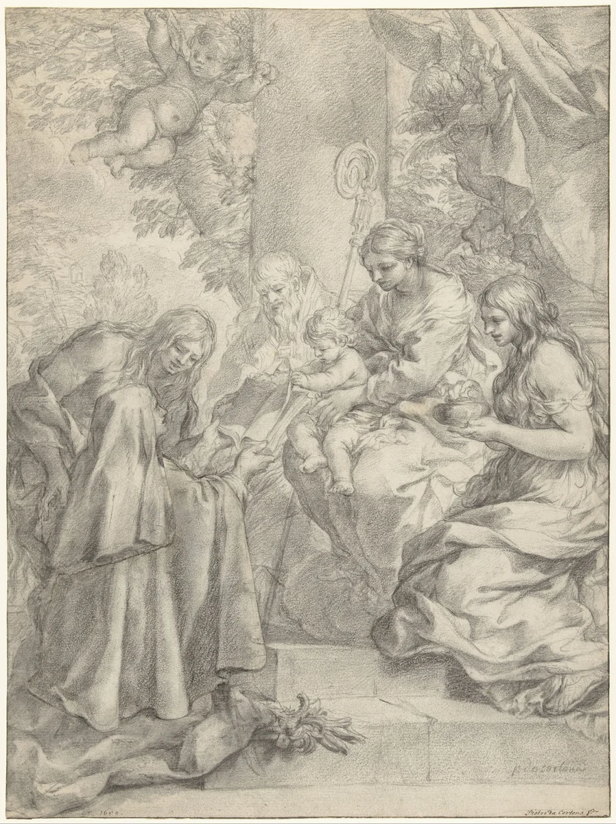 St Margaret of Cortona Kneeling before the Christ Child and Offering Him a Book by Pietro da Cortona, drawing, 1640