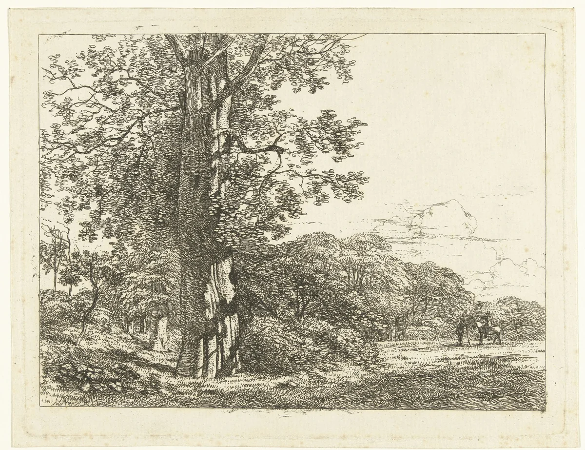 Landschap met grote beukeboom en ruiter in gesprek met man by Albertus Brondgeest, print, 1796-1849