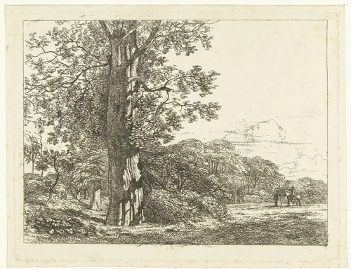 Landschap met grote beukeboom en ruiter in gesprek met man by Albertus Brondgeest, print, 1796-1849