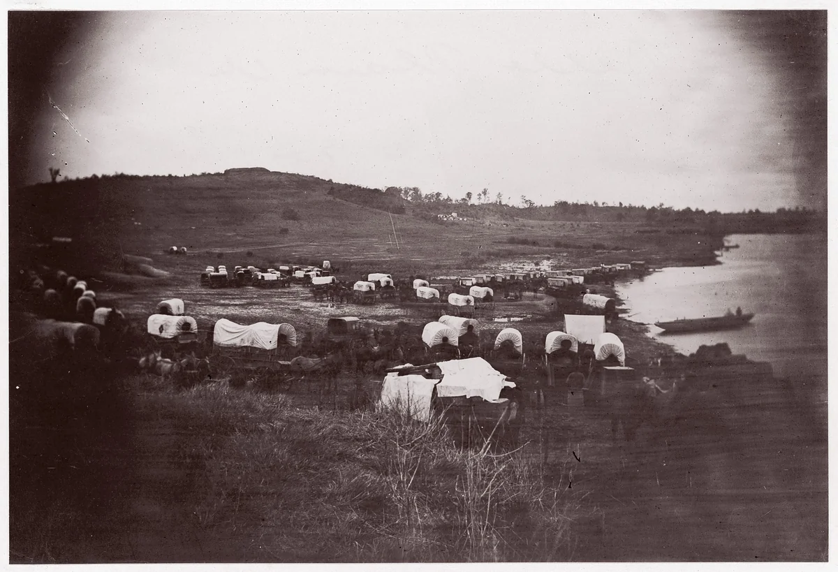 [Wagons Below Confederate Entrenchments, Belle Plain, Virginia] by Timothy O'Sullivan, photograph, 1864