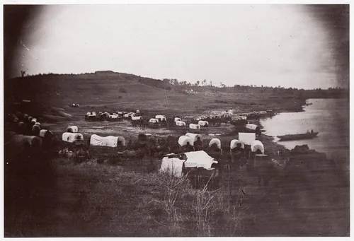 [Wagons Below Confederate Entrenchments, Belle Plain, Virginia] by Timothy O'Sullivan, photograph, 1864