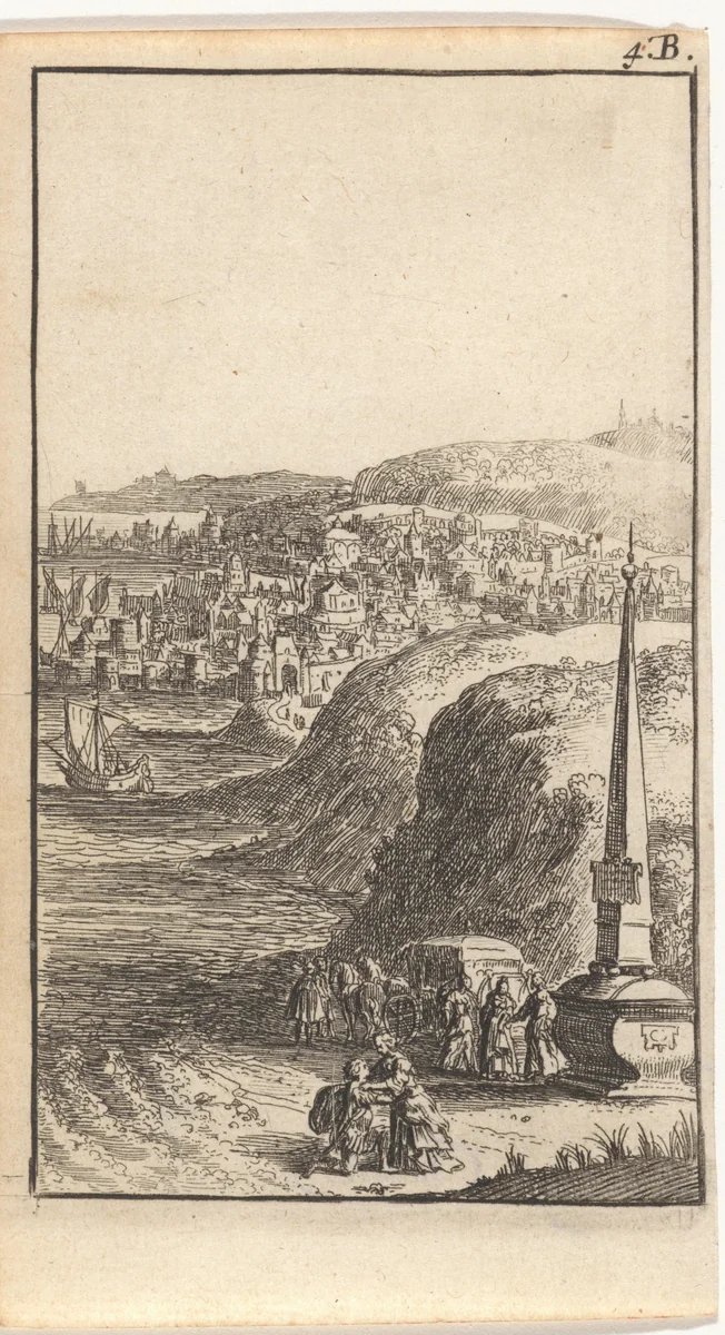 Man knielt voor een vrouw bij een obelisk by Abraham Dircksz. Santvoort, print, 1667