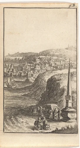 Man knielt voor een vrouw bij een obelisk by Abraham Dircksz. Santvoort, print, 1667
