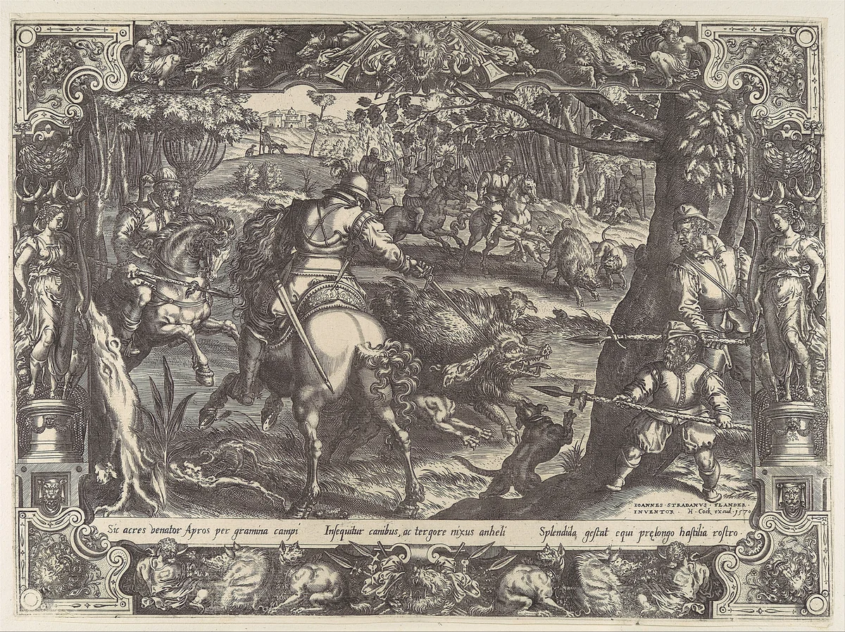 Wild Boar Hunt with Spears, from "Hunting Scenes in Ornamental Frames" by Jan van der Straet, print, 1570