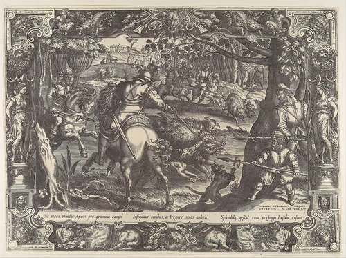 Wild Boar Hunt with Spears, from "Hunting Scenes in Ornamental Frames" by Jan van der Straet, print, 1570