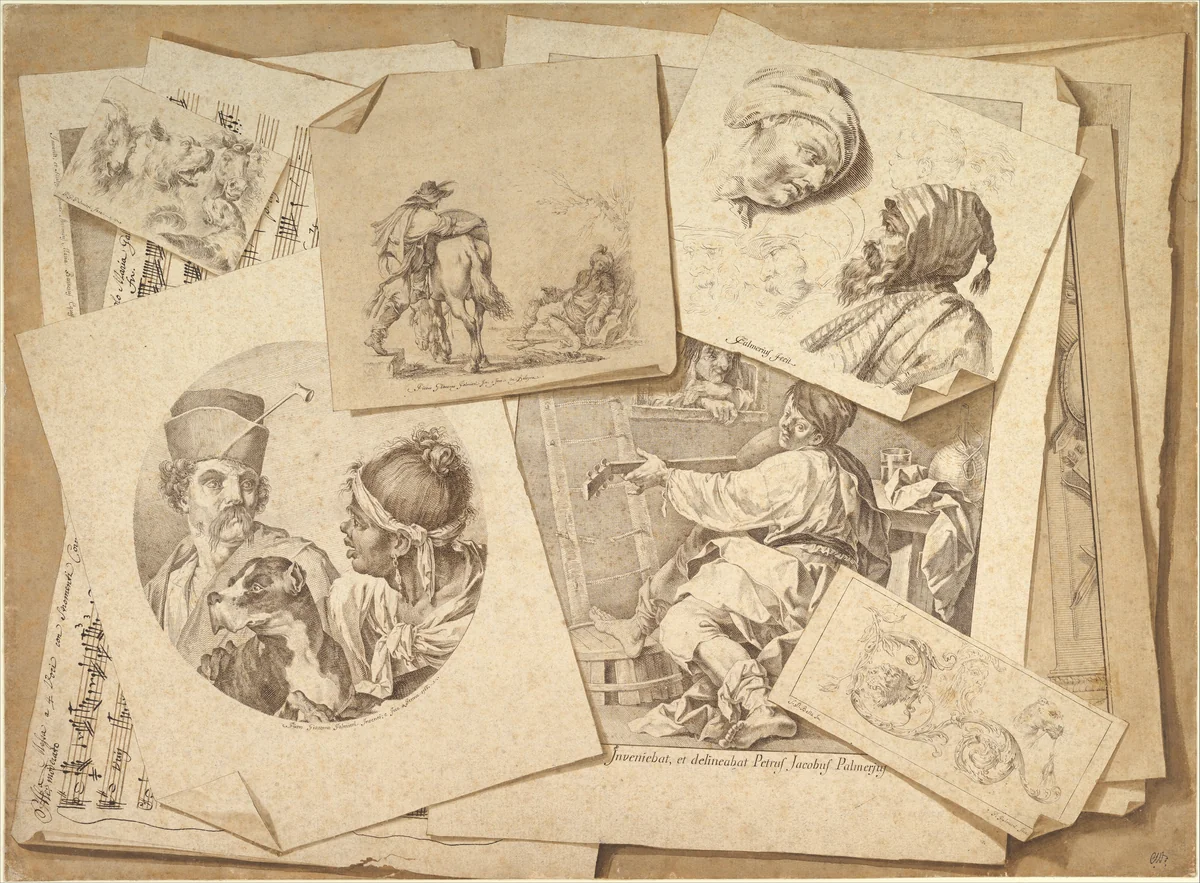 Trompe-l'Oeil Exercise: Prints on a Table Top by Pietro Jacopo Palmieri, drawing, 1766