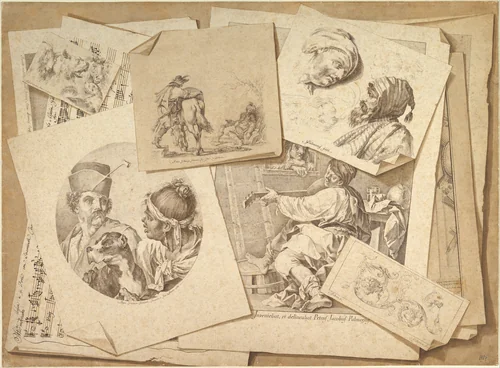 Trompe-l'Oeil Exercise: Prints on a Table Top by Pietro Jacopo Palmieri, drawing, 1766
