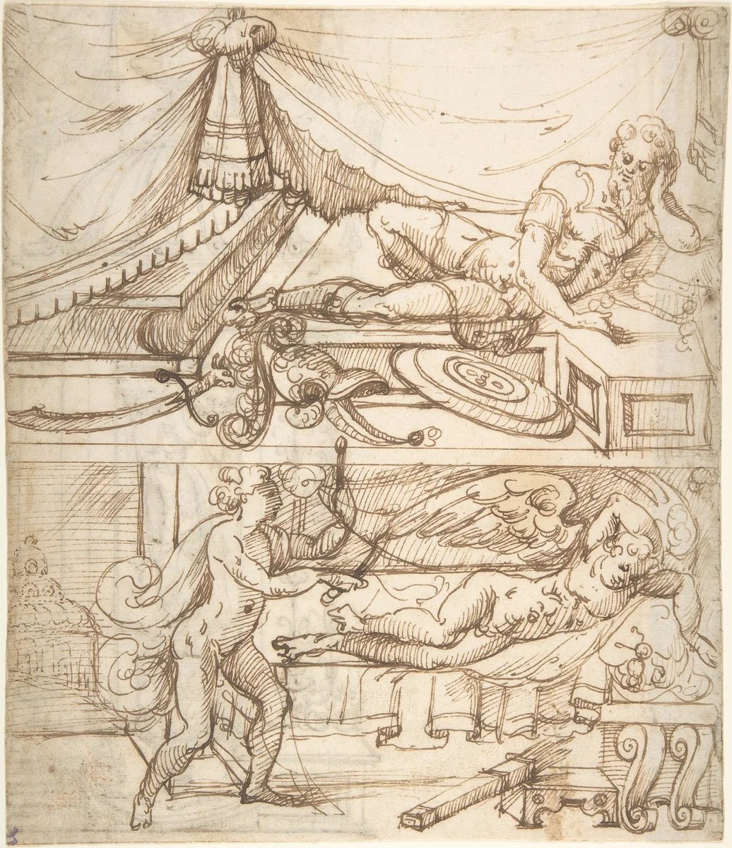 Two scenes; a reclining warrior above, sleeping cupid below (recto); grotesque niche with standing warrior (verso) by Andrés de Melgar, drawing, 1500-1599